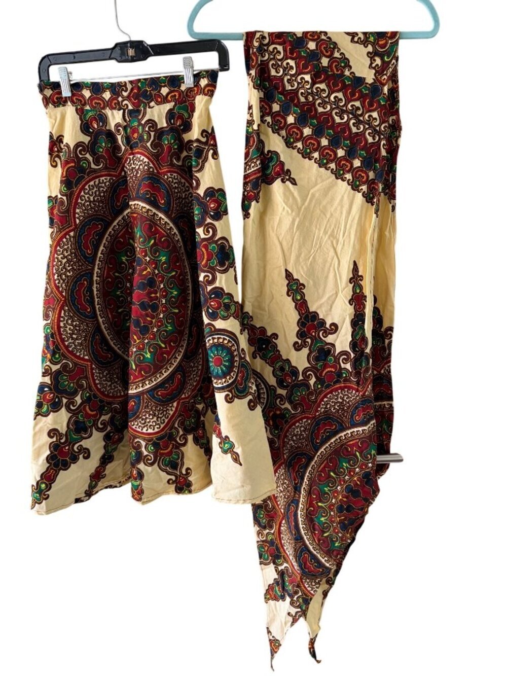 Vintage Womens African Traditional Print Flared Skirt and Headwrap Size S Boho